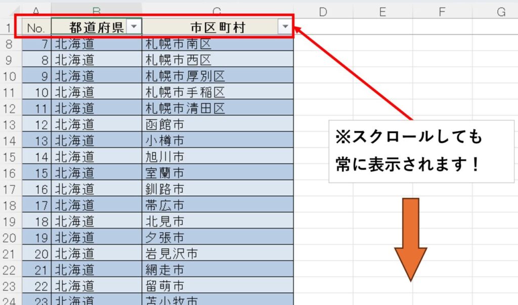 ウィンドウ枠の固定で1行目を常に表示しているExcel画面の例