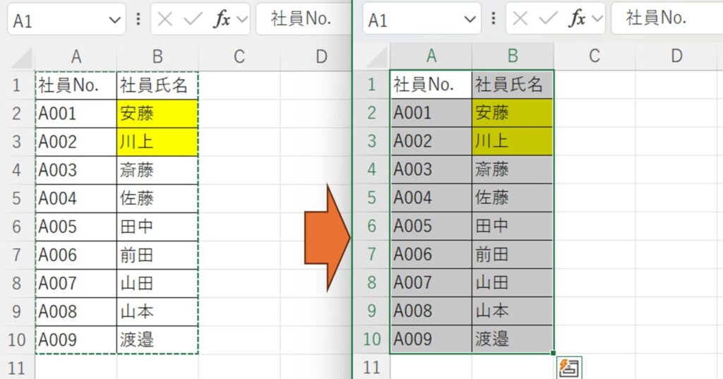 コピー・貼り付け時書式設定を引き継いでいる。