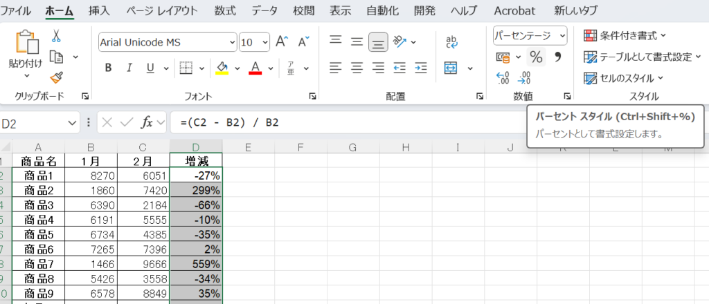 増減率のパーセンテージ