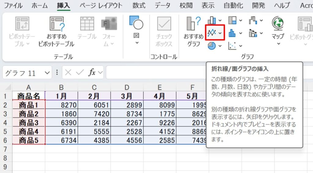 折れ線グラフの挿入