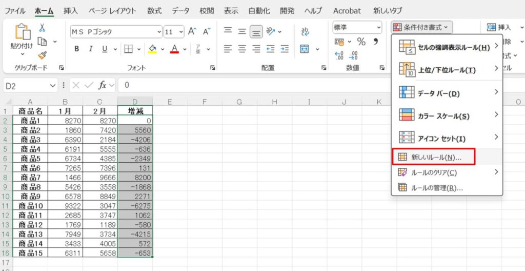条件付き書式メニュー