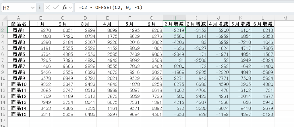 増減計算OFFSET関数利用例