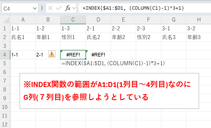 INDEX関数REFエラーの例