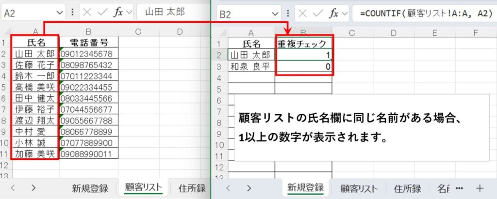 重複チェックCOUNTIF例