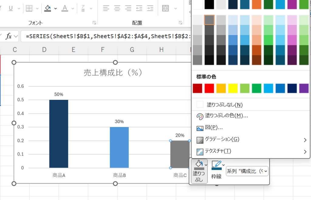色を変更させたいグラフを単独選択して色の塗りつぶし設定