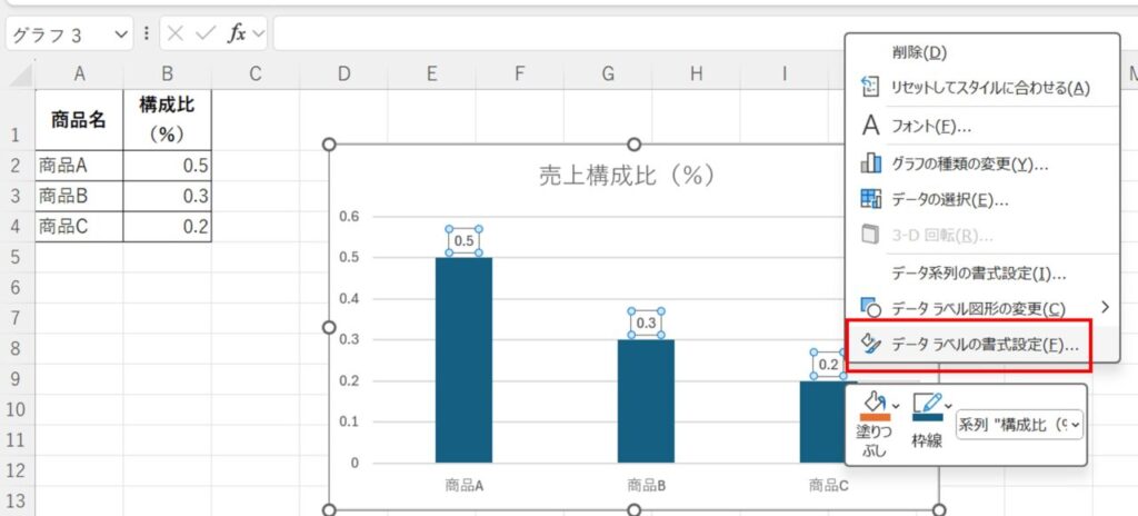 データラベルの書式設定を選択