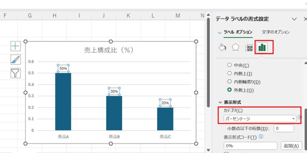 データラベルの書式設定メニュー「値の表示形式」で「パーセンテージ」に設定