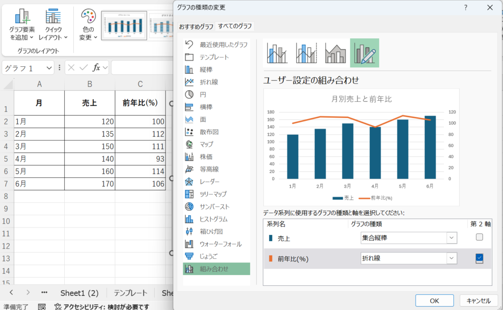 複合グラフ前年比設定画面