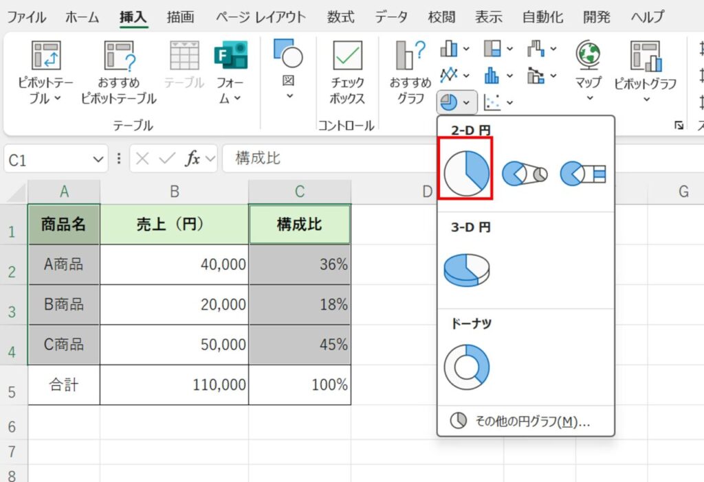 [挿入]タブ→[グラフ]メニュー→円グラフを選択