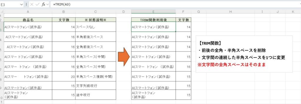 TRIM関数で余計なスペースを削除