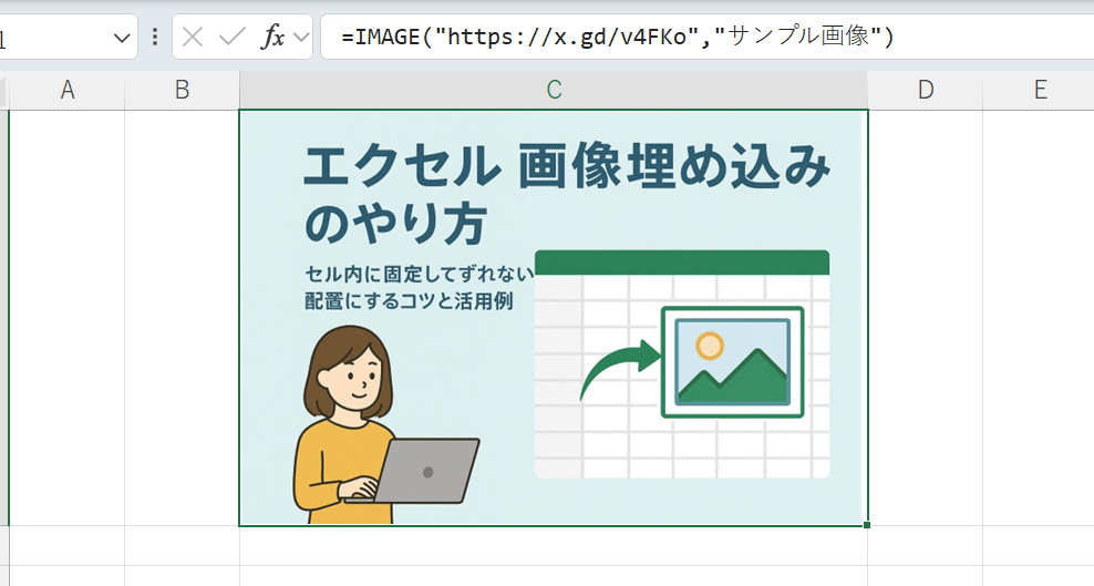 ExcelのIMAGE関数を使い、セル内にURL指定の画像を表示している例。関数式と表示結果を示すMicrosoft 365の操作画面。