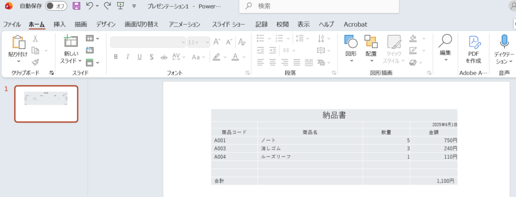 Excelの表を通常コピーしてPowerPointに貼り付けた例。セルが独立している。
