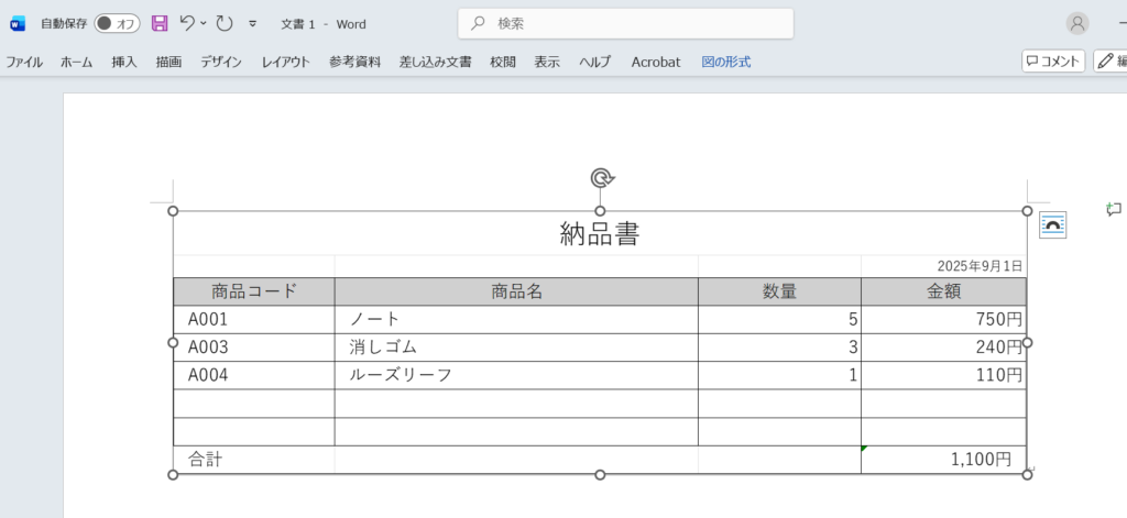 Excelの表を「図としてコピー」でWordに貼り付けた例。画像として表示。