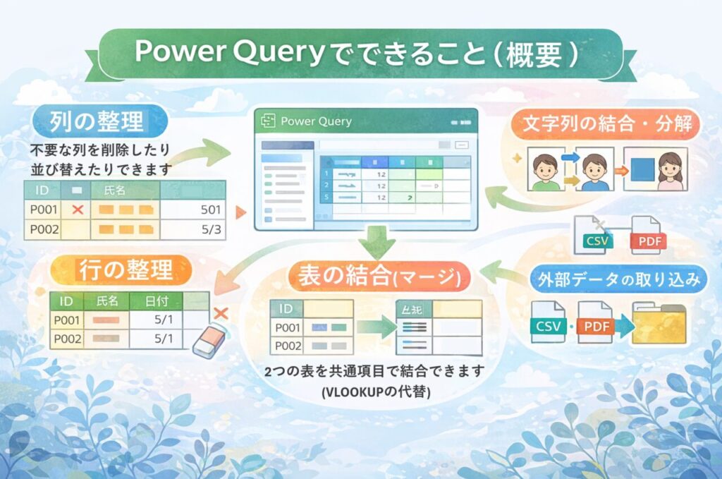 Power Queryでできることの概要図。列や行の整理、文字列の結合・分割、表の結合（マージ）、CSVやPDFなど外部データの取り込みができることを図解しています。